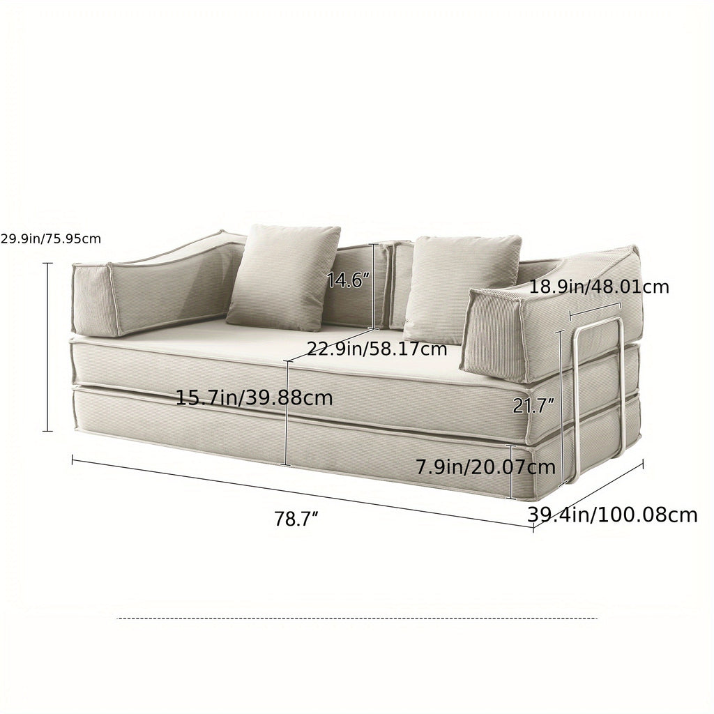 Collapsible Three-Seater Fabric Sofa Bed with Square Armrests, Modular Compressed Living Room Sofa Set, Retro Plush Chenille Casual Chair Sofa, Lazy Sofa, Bedroom Mattress Sleeping Couch, Light Gray, Caramel, Beige