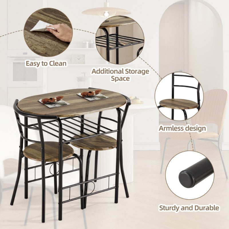 3pcs Dining Table Set for 2, Kitchen Table and Chair Set with Tabletop & PVC Veneer, Compact Dining Table Set with Metal Frame and Built-in Rack, Space-Saving Design for Small Kitchens, Apartments, Breakfast Nook, Drift Brown