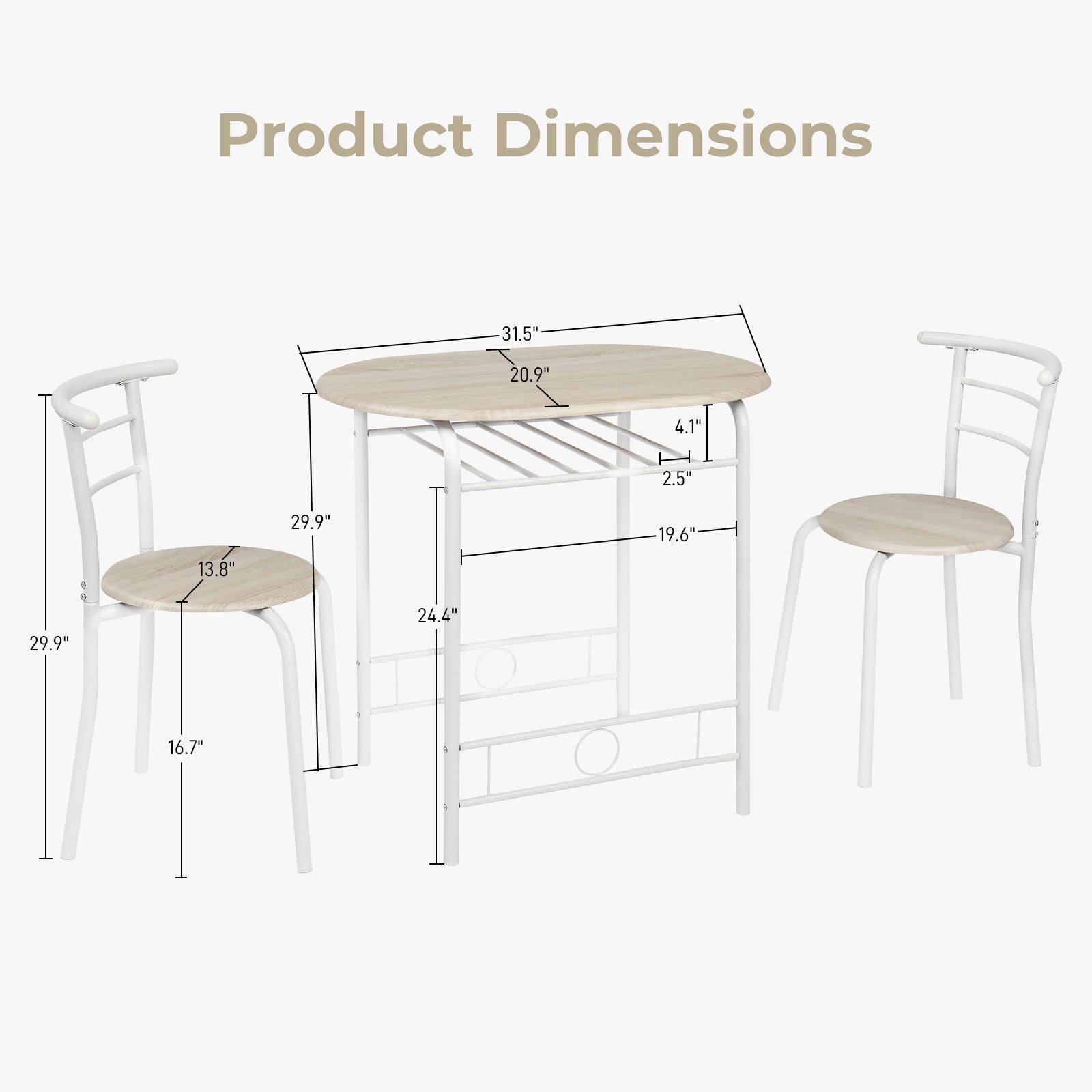 VINGLI 3 Piece Bistro Dining Set, Kitchen Compact Table Breakfast Table, Space-Saving Design Kitchen Wooden Table and 2 Chairs for Small Space\u002FDining Room\u002FApartment,Metal Frame,Wine Rack