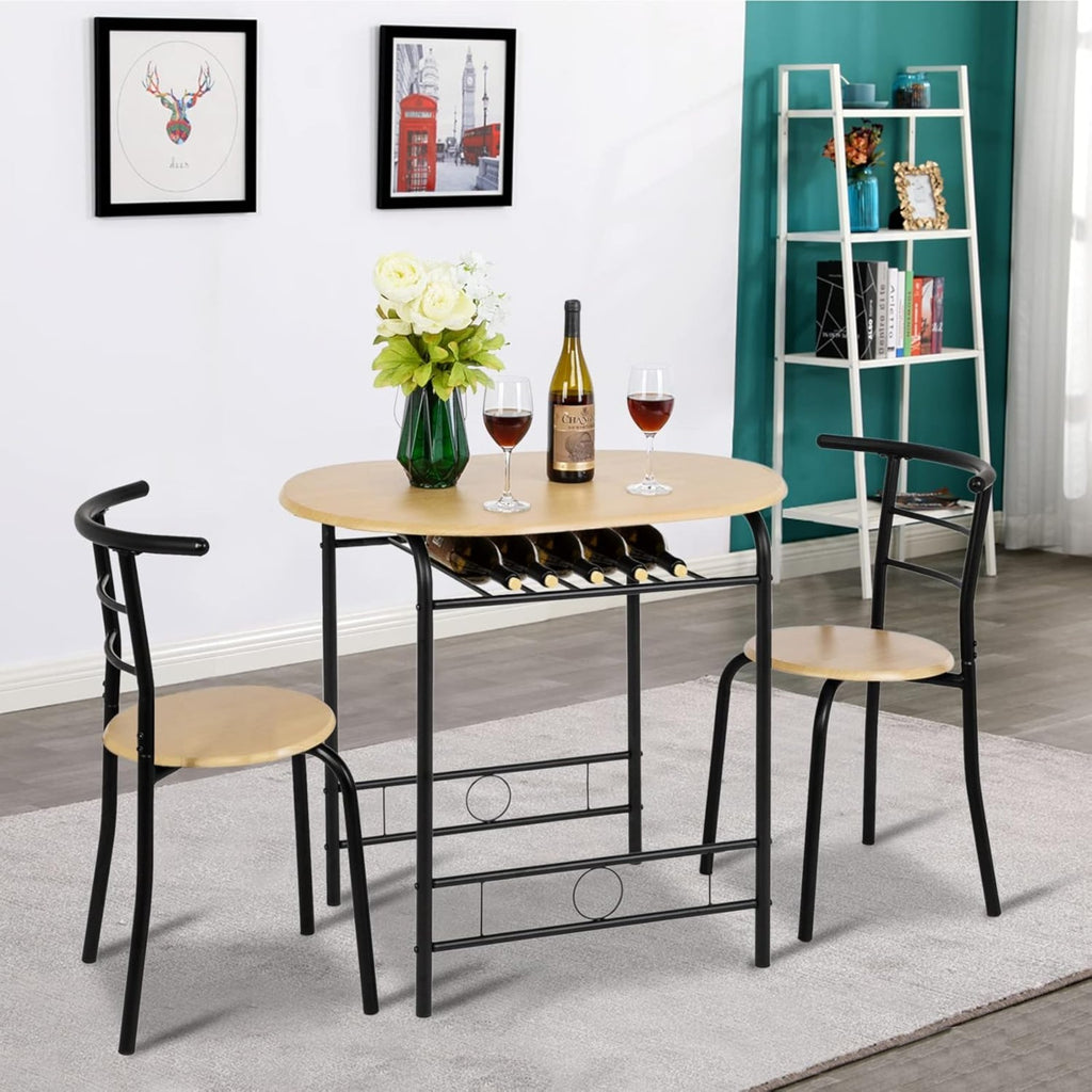 Bonnlo Minimalist 3-Piece Iron Dining Set for 2, Wooden Table and 2 Chairs Ideal for Small Kitchen, Dining Room, Apartment, Balcony & Coffee Nook, Breakfast & Negotiation Table with Storage Shelf, Metal Frame