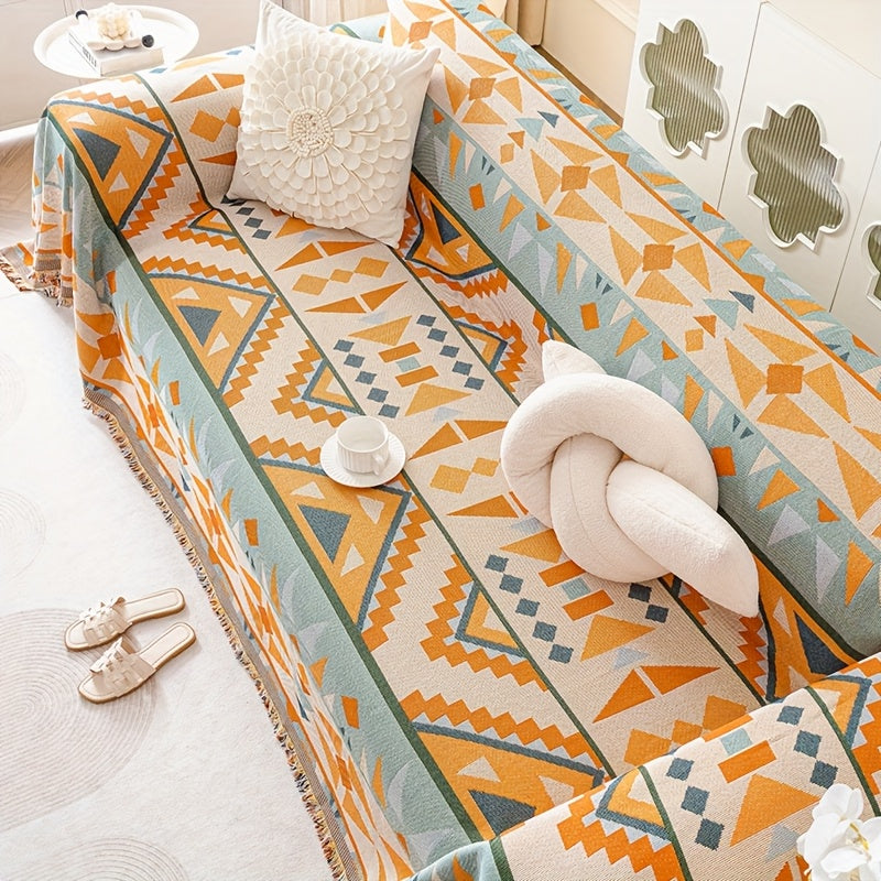 1pc Bohemian Sofa Cover with Tassels - Vibrant Geometric Pattern, Machine Washable, Pet-Friendly Couch Protector Blanket for Single\u002FDouble\u002FTriple\u002FQuadruple Sofas, Home Decor Essential