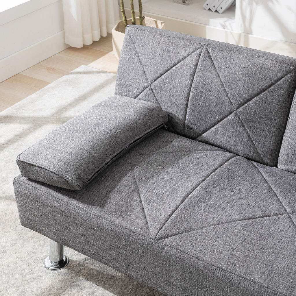 Modern Convertible Folding Futon Sofa Bed with Removable Armrests, Breathable Linen Sofa with 2 Cup Holders for Living Room