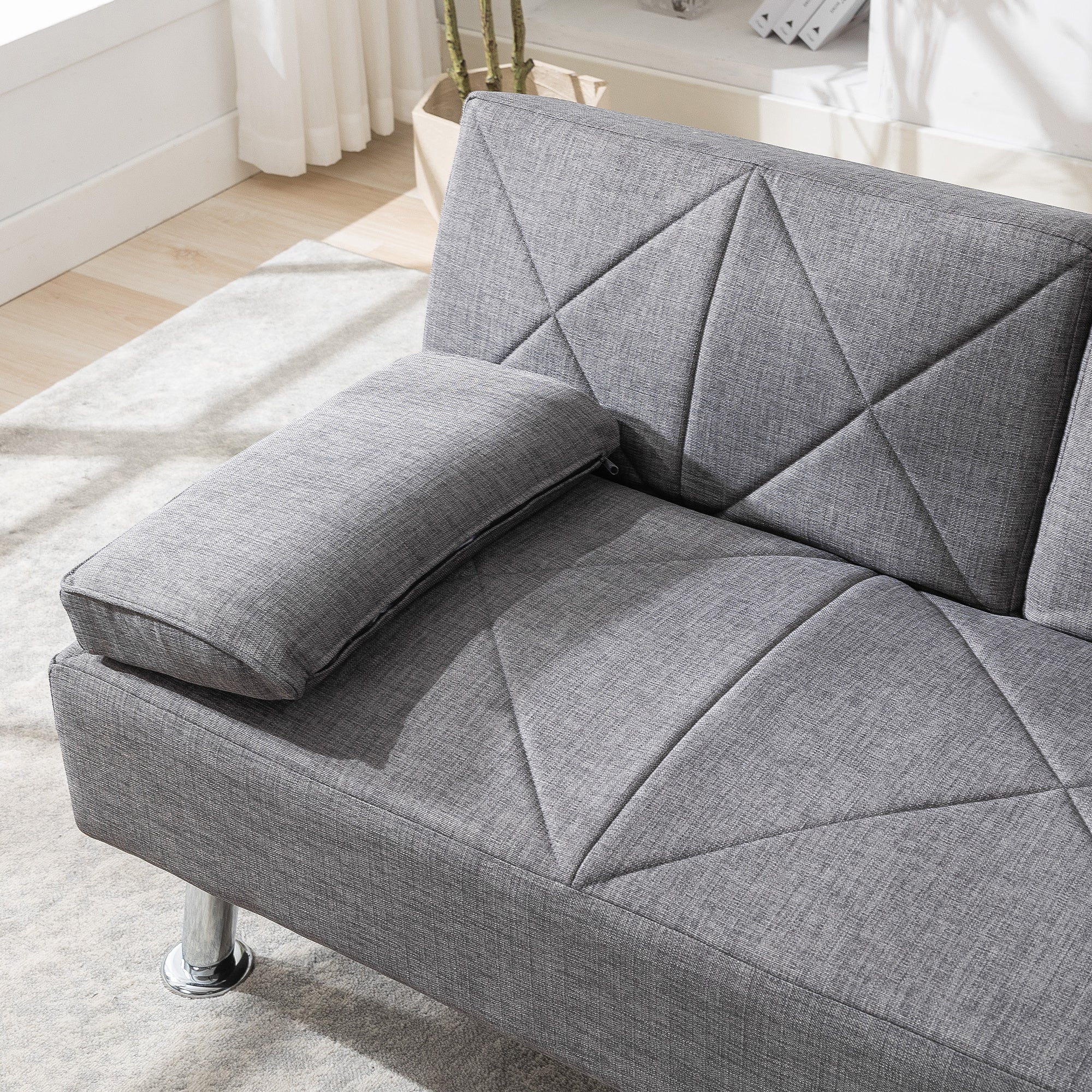 Modern Convertible Folding Futon Sofa Bed with Removable Armrests, Breathable Linen Sofa with 2 Cup Holders for Living Room