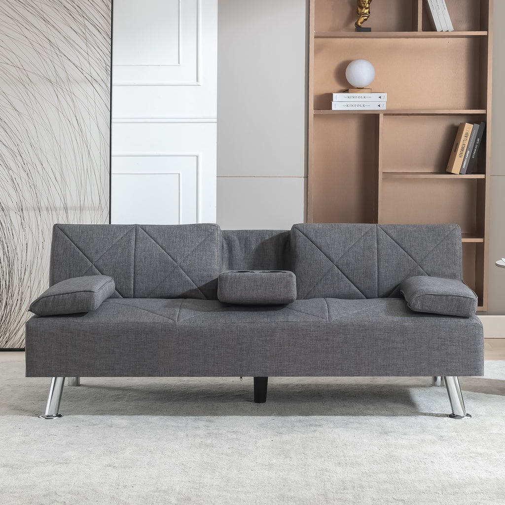 Modern Convertible Folding Futon Sofa Bed with Removable Armrests, Breathable Linen Sofa with 2 Cup Holders for Living Room