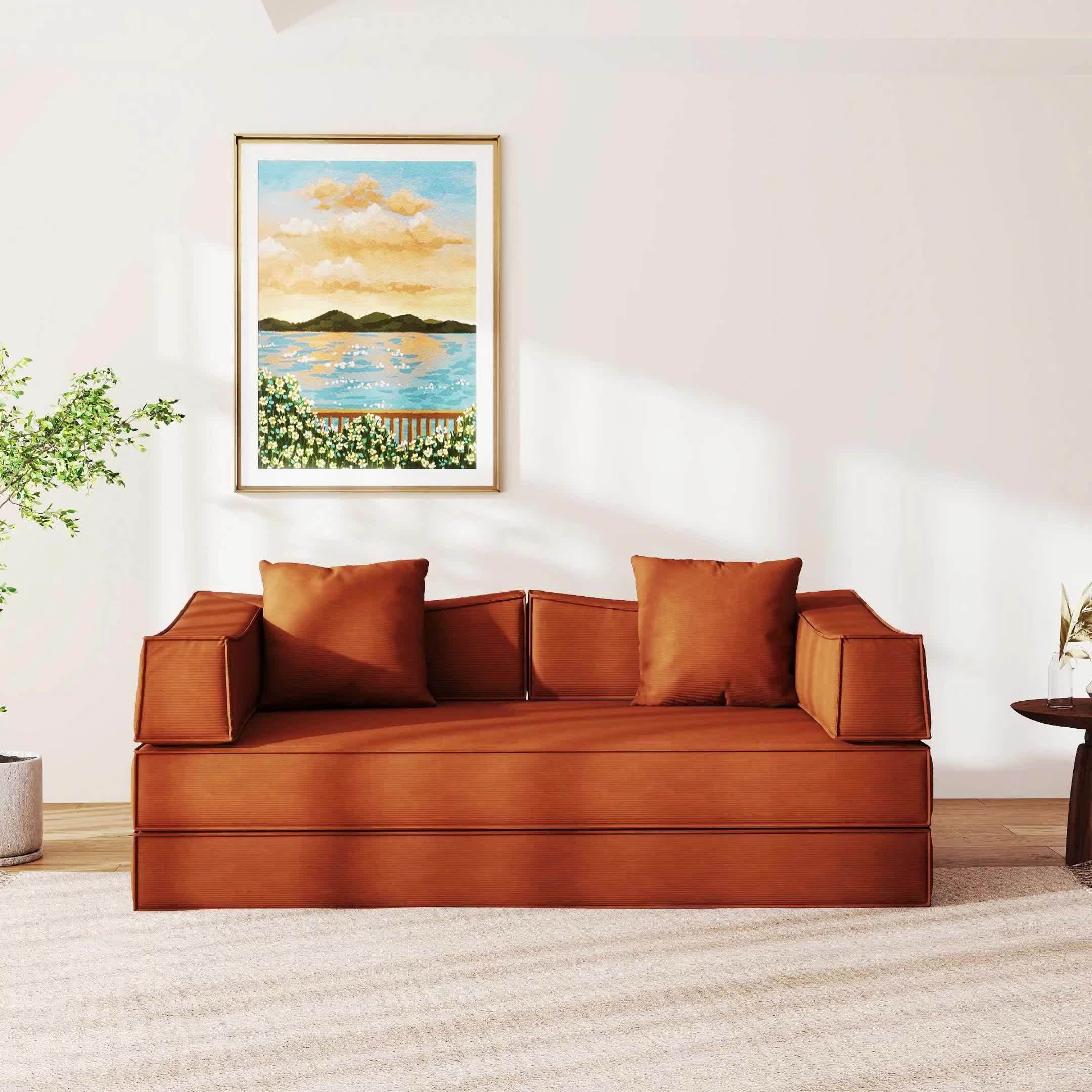 Collapsible Three-Seater Fabric Sofa Bed with Square Armrests, Modular Compressed Living Room Sofa Set, Retro Plush Chenille Casual Chair Sofa, Lazy Sofa, Bedroom Mattress Sleeping Couch, Light Gray, Caramel, Beige