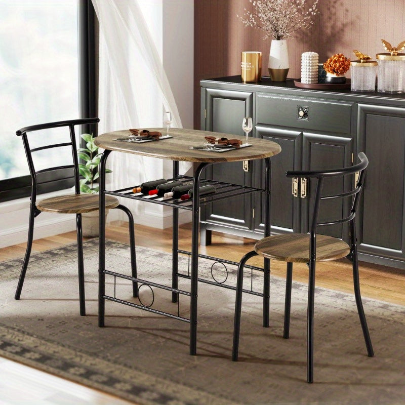 3pcs Dining Table Set, Small Dining Table for 2 with Chairs, Round Table and Chairs, Kitchenette for Small Spaces with Built-in Wine Rack, Space-Saving Design, Drift Brown