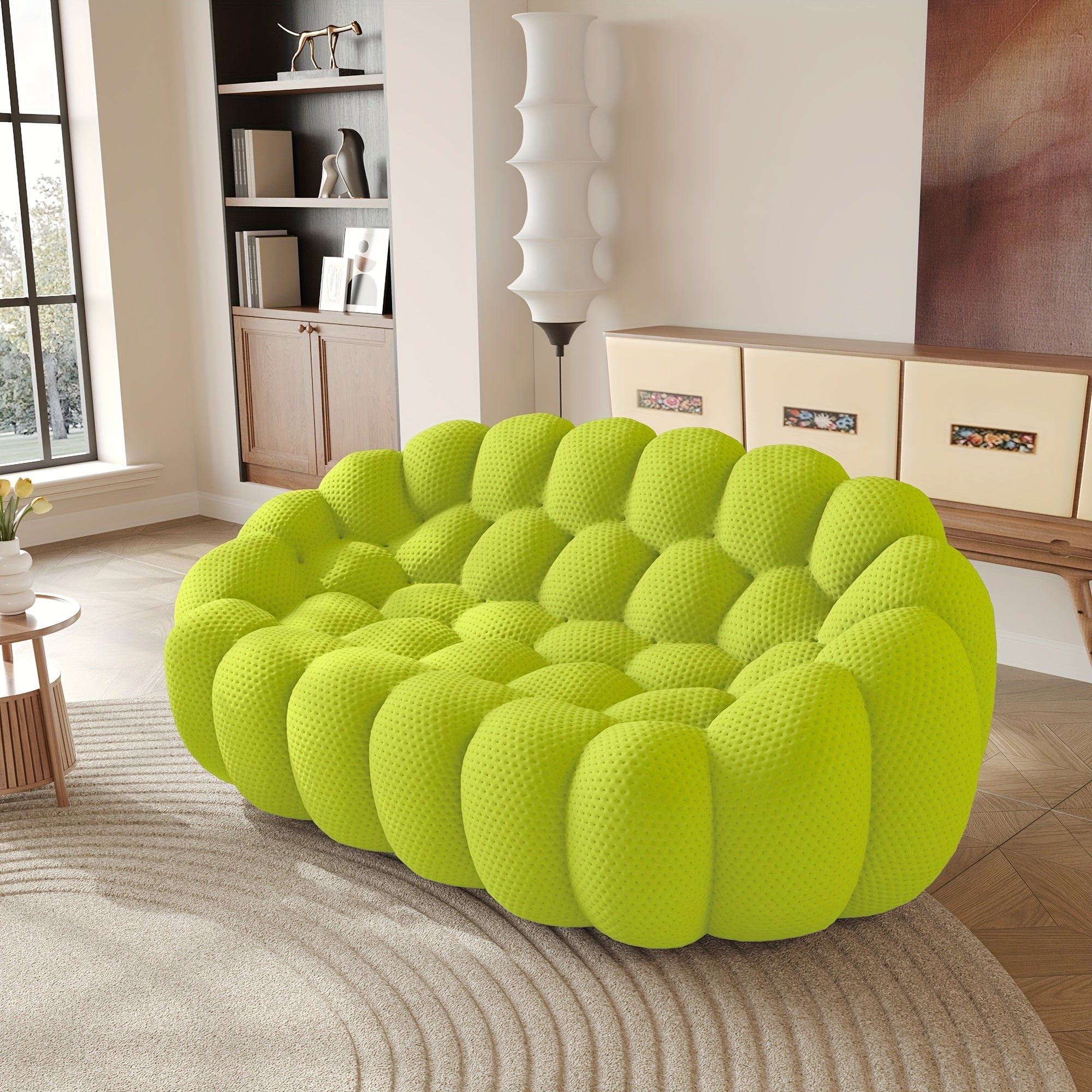 98'' Modern Upholstered Curved Sofa, 3 Seater Mesh Fabric Floor Sofa, 3D Honeycomb Shape Curved Couch for Living Room