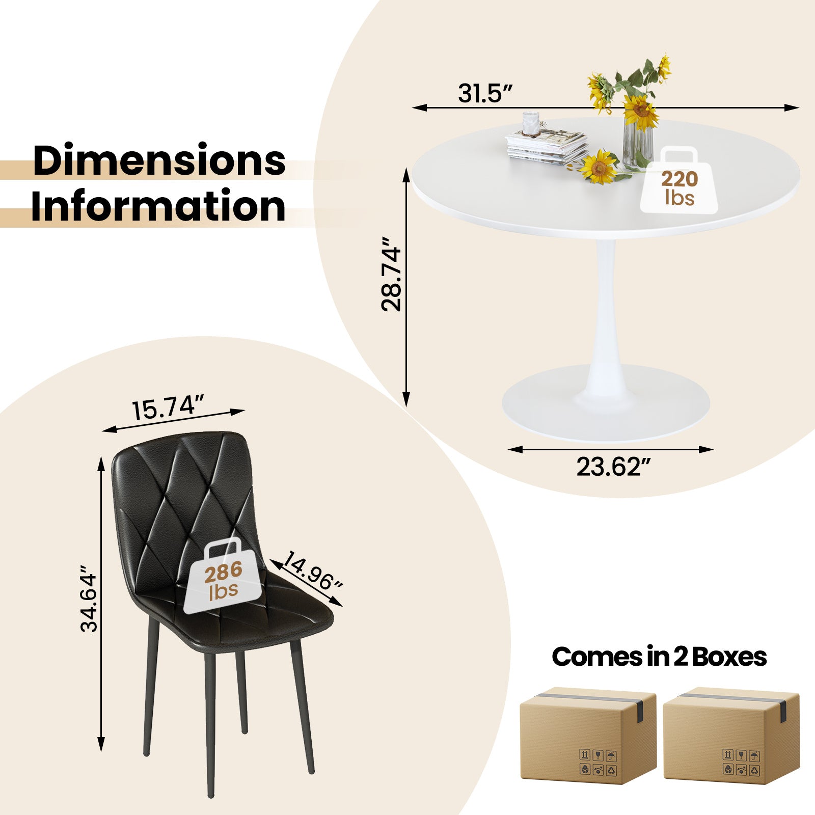 Round Dining Table Set for 4, 39 Inch Circle Dining Room Table with 4 Upholstered Chairs for 4 People, Mid Century Modern Round Kitchen Table and Chairs Set of 4 for Home Kitchen Dining Room Leisure Area (Brown Table + 4 Chairs)