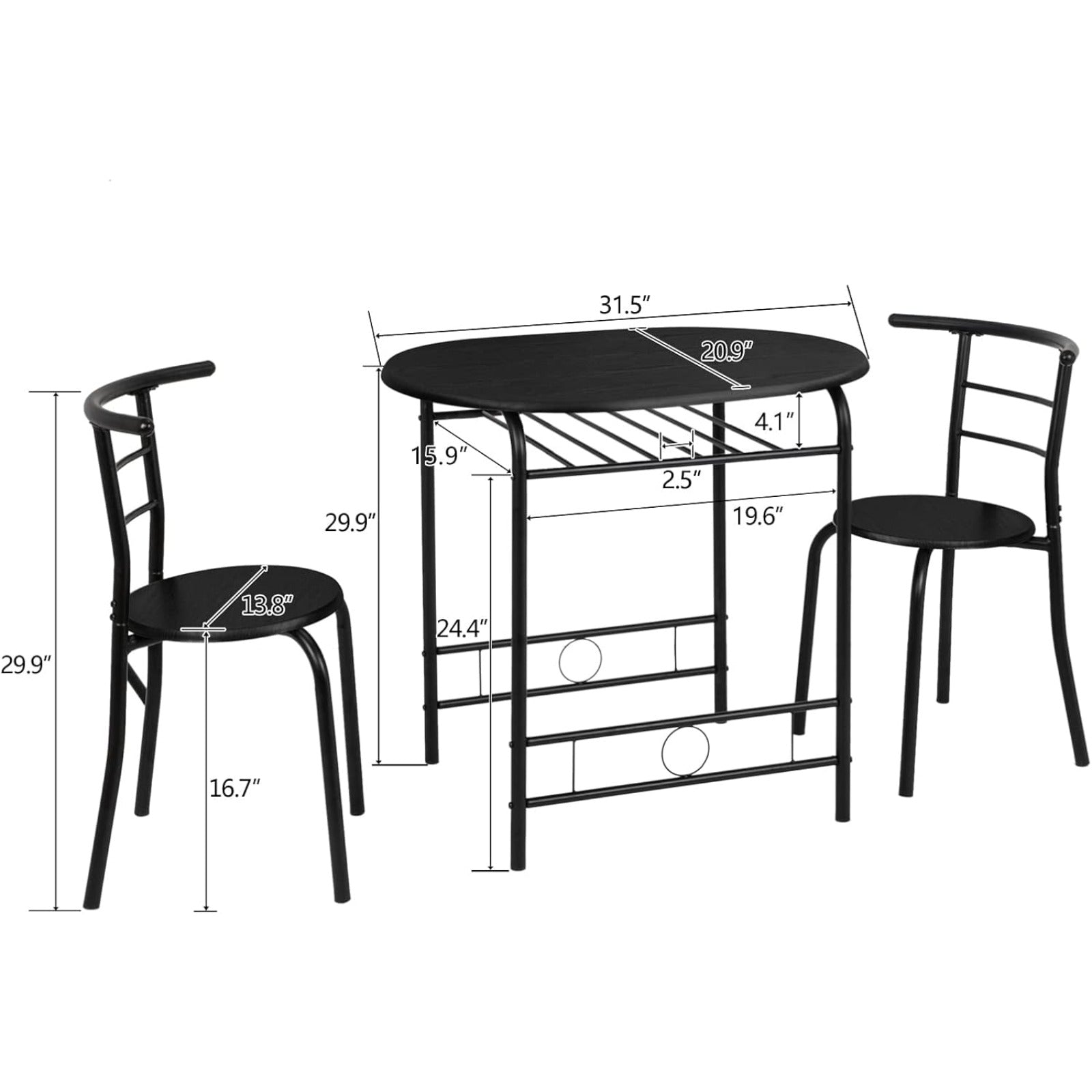 Bonnlo Minimalist 3-Piece Iron Dining Set for 2, Wooden Table and 2 Chairs Ideal for Small Kitchen, Dining Room, Apartment, Balcony & Coffee Nook, Breakfast & Negotiation Table with Storage Shelf, Metal Frame